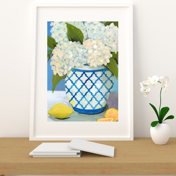 Farmhouse Style Hydrangea Painting White & Blue Vase Floral Decor Fashion Art - Picture 7 of 9